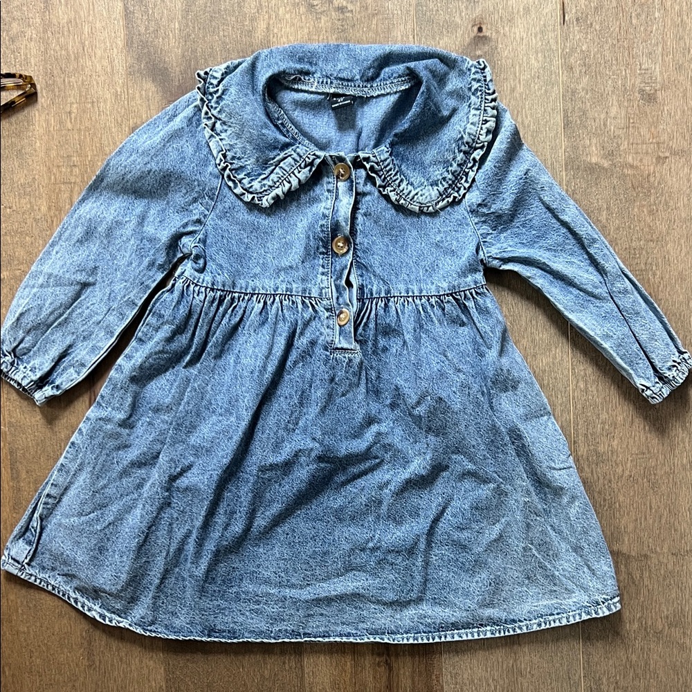 EUC SHEIN 4Y Denim Long Sleeve Dress with Ruffled Collar